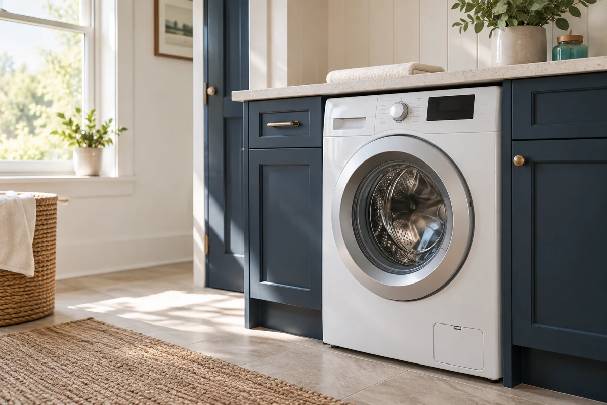Sunlit residential laundry room with a white front-loading washer
